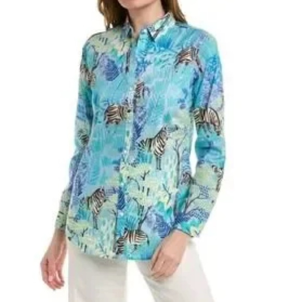J. McLaughlin Blue Zebra Print Lois Shirt. Size Medium